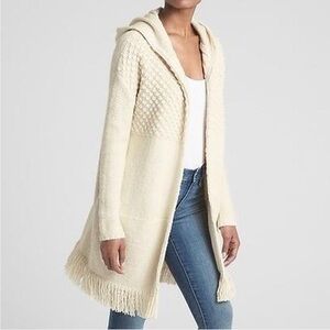 Gap Off White Longline Fringe Hooded Cardigan Sweater Boho Free People Inspo S